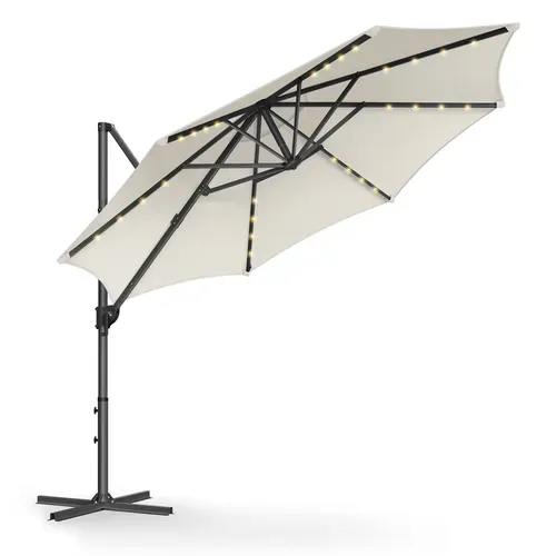 Parasol De Jardin 300 Cm, 28 LED Solaires, Upf 50+, Pivotant à 360°, Inclinaison Fluide, Blabc Crème