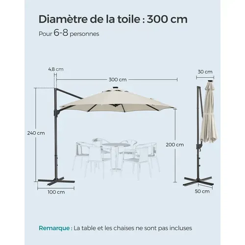 Parasol De Jardin 300 Cm, 28 LED Solaires, Upf 50+, Pivotant à 360°, Inclinaison Fluide, Blabc Crème