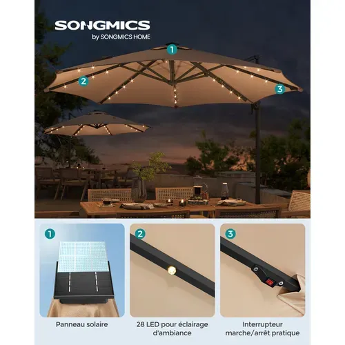 Parasol De Jardin 300 Cm, 28 LED Solaires, Pivotant à 360°, Inclinaison Fluide, Marron Chameau