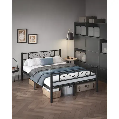 Lit 2 Personnes, En Métal, Convient Pour Matelas De 140 X 200 Cm, Montage Facile, Noir D'encre