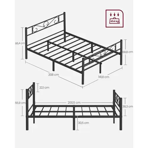 Lit 2 Personnes, En Métal, Convient Pour Matelas De 140 X 200 Cm, Montage Facile, Noir D'encre