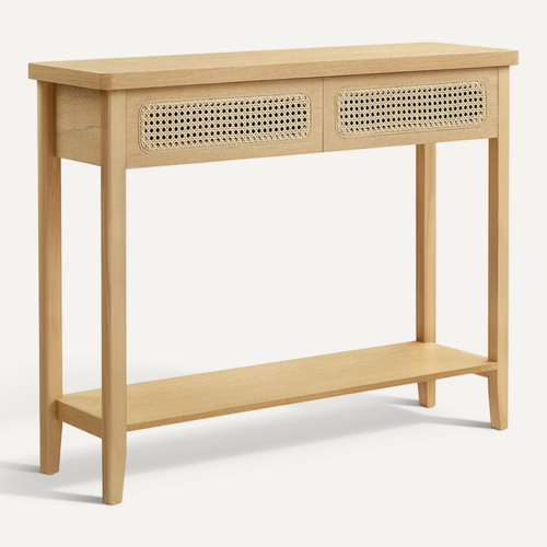 Table Console Pour Couloir, Table De Couloir Avec 2 Tiroirs, étagère Ouverte, Chêne Beige
