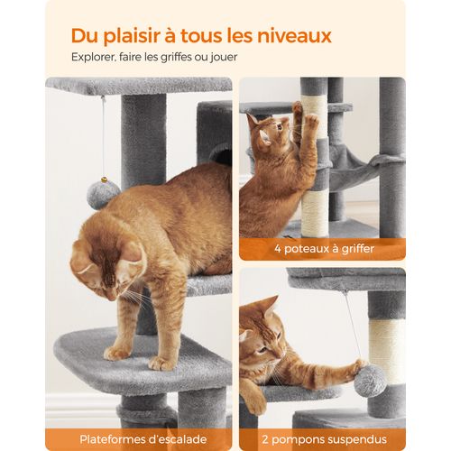 Arbre à Chat Hauteur 112 Cm, Avec 4 Poteaux à Griffer, 2 Plateformes, 1 Niche, Gris Clair