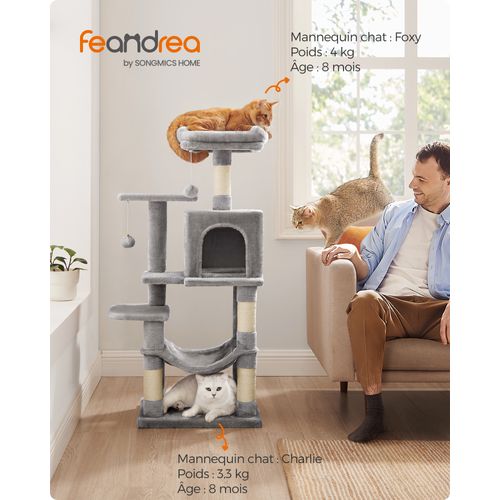 Arbre à Chat Hauteur 112 Cm, Avec 4 Poteaux à Griffer, 2 Plateformes, 1 Niche, Gris Clair