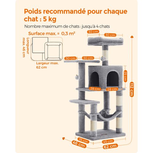 Arbre à Chat Hauteur 112 Cm, Avec 4 Poteaux à Griffer, 2 Plateformes, 1 Niche, Gris Clair