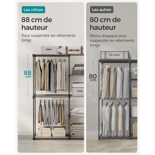 Armoire De Rangement, Avec Barres De Suspension, Organisateur, 43 X 124 X 182 Cm, Taupe