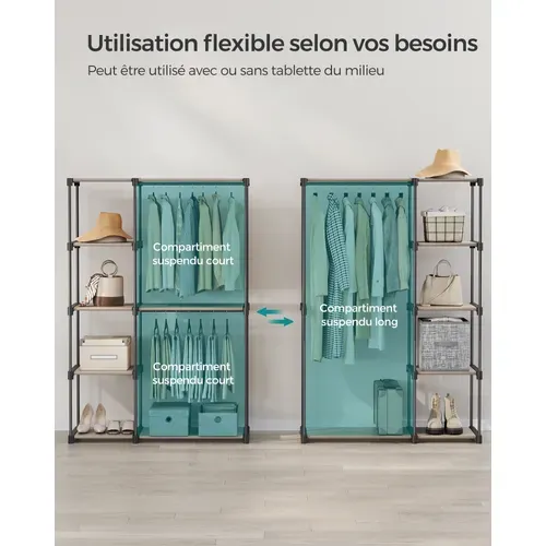 Armoire De Rangement, Avec Barres De Suspension, Organisateur, 43 X 124 X 182 Cm, Taupe