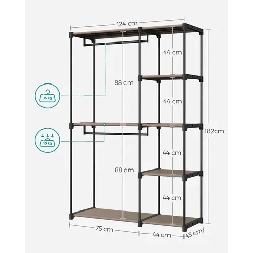 Armoire De Rangement, Avec Barres De Suspension, Organisateur, 43 X 124 X 182 Cm, Taupe
