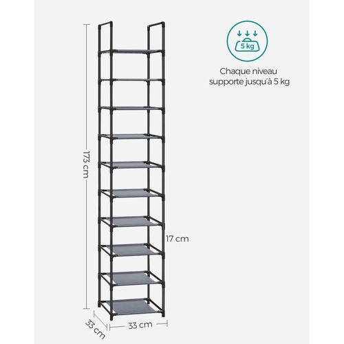 étagère Chaussure à 10 Niveaux, 33 X 33 X 173 Cm, Cadre En Métal, En Tissu Non-tissé, Gris