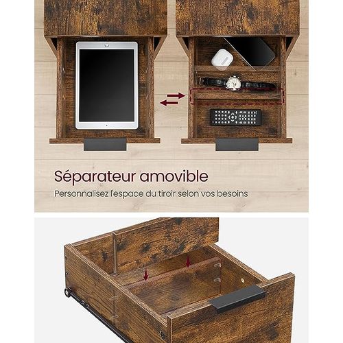 Table D’appoint Avec Multiprise, Petite Table Fine Avec 2 Tiroirs, Marron Rustique Et Noir Classique