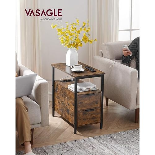 Table D’appoint Avec Multiprise, Petite Table Fine Avec 2 Tiroirs, Marron Rustique Et Noir Classique