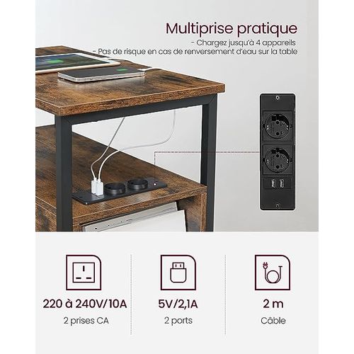 Table D’appoint Avec Multiprise, Petite Table Fine Avec 2 Tiroirs, Marron Rustique Et Noir Classique