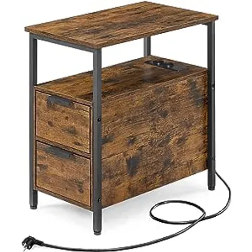 Table D’appoint Avec Multiprise, Petite Table Fine Avec 2 Tiroirs, Marron Rustique Et Noir Classique