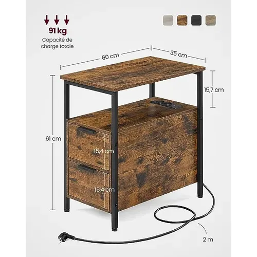 Table D’appoint Avec Multiprise, Petite Table Fine Avec 2 Tiroirs, Marron Rustique Et Noir Classique