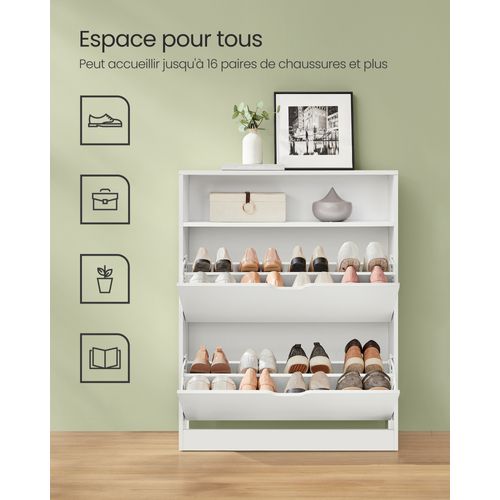 Meuble à Chaussures 2 Portes Battantes, 11 à 16 Paires, Pour Petite Entrée, 24 X 80 X 102 Cm, Blanc