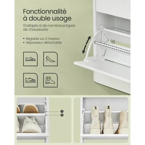 Meuble à Chaussures 3 Portes Battantes, Compartiment Ouvert, 24 X 60 X 139 Cm, Blanc Nuage