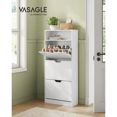 Meuble à Chaussures 3 Portes Battantes, Compartiment Ouvert, 24 X 60 X 139 Cm, Blanc Nuage