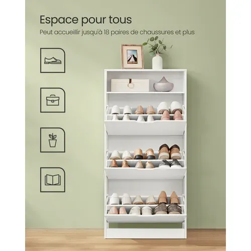 Meuble à Chaussures 3 Portes Battantes, Compartiment Ouvert, 24 X 60 X 139 Cm, Blanc Nuage