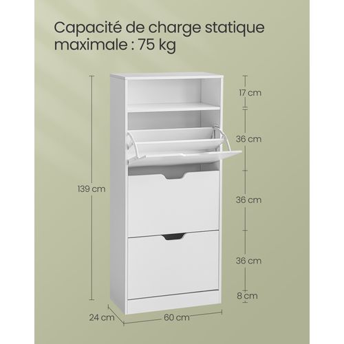 Meuble à Chaussures 3 Portes Battantes, Compartiment Ouvert, 24 X 60 X 139 Cm, Blanc Nuage