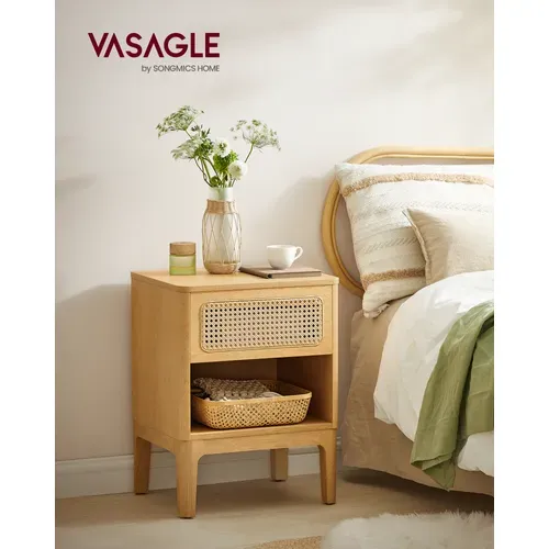 Table De Chevet En Rotin, Table D'appoint Boho Avec Tiroir, Rangement Pour Chambre, Couleur Boisée