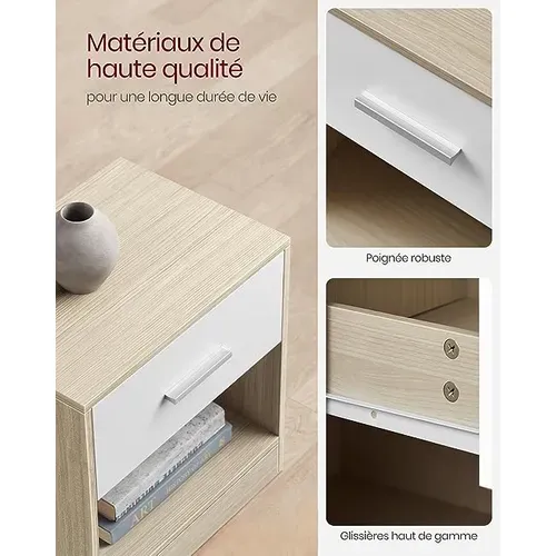 Lot De 2 Tables De Chevet Avec Tiroir, Compartiment Ouvert, 39 X 28 X 41 Cm, Beige Naturel Et Blanc