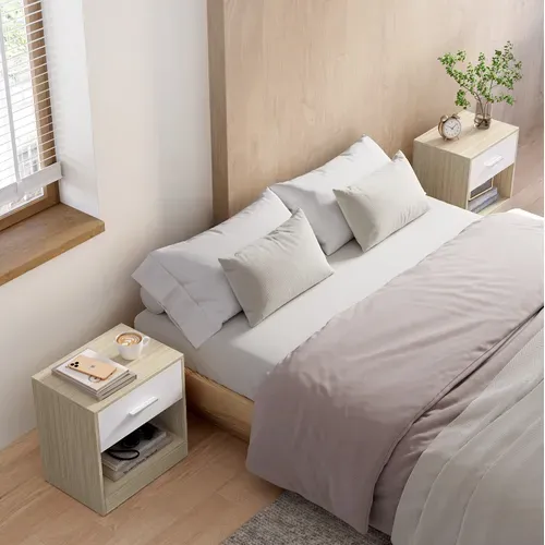 Lot De 2 Tables De Chevet Avec Tiroir, Compartiment Ouvert, 39 X 28 X 41 Cm, Beige Naturel Et Blanc