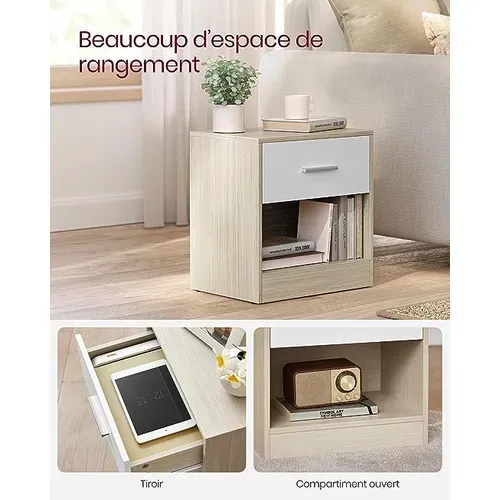 Lot De 2 Tables De Chevet Avec Tiroir, Compartiment Ouvert, 39 X 28 X 41 Cm, Beige Naturel Et Blanc