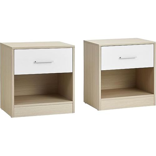 Lot De 2 Tables De Chevet Avec Tiroir, Compartiment Ouvert, 39 X 28 X 41 Cm, Beige Naturel Et Blanc