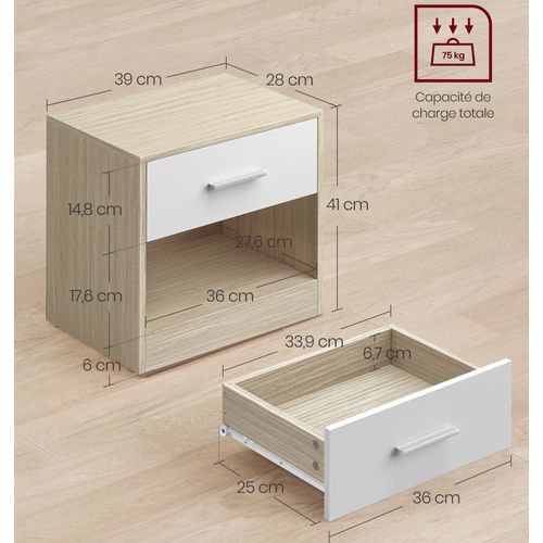 Lot De 2 Tables De Chevet Avec Tiroir, Compartiment Ouvert, 39 X 28 X 41 Cm, Beige Naturel Et Blanc