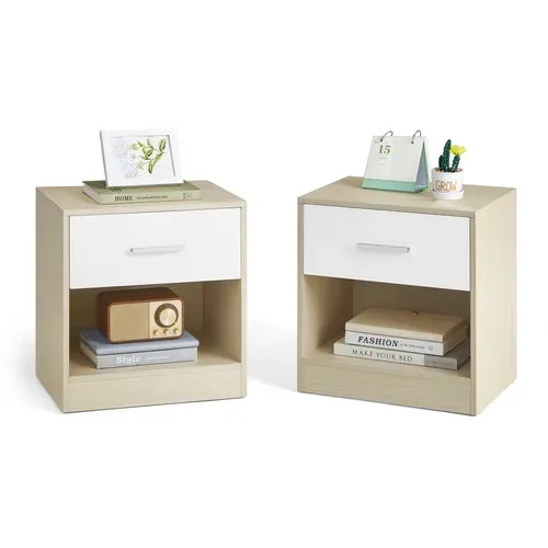 Lot De 2 Tables De Chevet Avec Tiroir, Compartiment Ouvert, 39 X 28 X 41 Cm, Beige Naturel Et Blanc