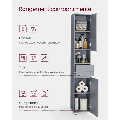 Armoire De Salle De Bain, Étagères Réglables, Compartiments, 30 X 30 X 170 Cm, Gris Mystique