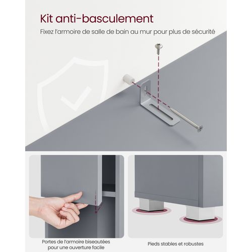 Armoire De Salle De Bain, Étagères Réglables, Compartiments, 30 X 30 X 170 Cm, Gris Mystique