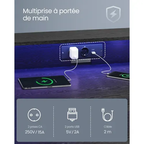 Bureau Gaming Avec LED Et Multiprise, Pour 2 Ordinateurs, Pour Chambre, 60 X 120 X 76 Cm, Noir Boisé