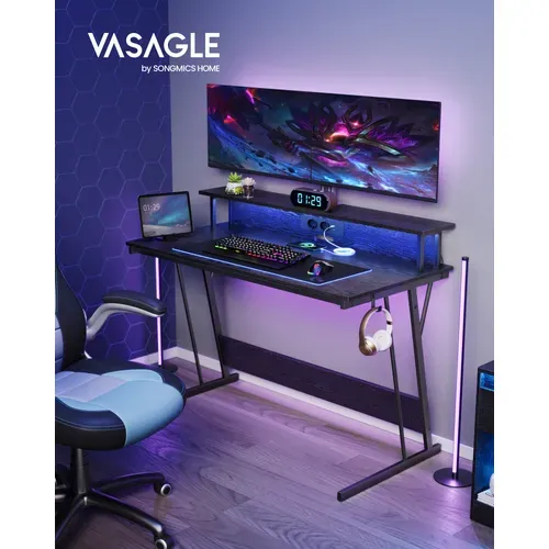 Bureau Gaming Avec LED Et Multiprise, Pour 2 Ordinateurs, Pour Chambre, 60 X 120 X 76 Cm, Noir Boisé