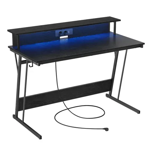 Bureau Gaming Avec LED Et Multiprise, Pour 2 Ordinateurs, Pour Chambre, 60 X 120 X 76 Cm, Noir Boisé