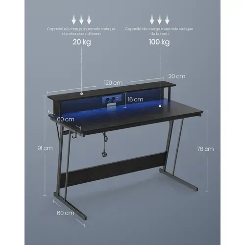 Bureau Gaming Avec LED Et Multiprise, Pour 2 Ordinateurs, Pour Chambre, 60 X 120 X 76 Cm, Noir Boisé
