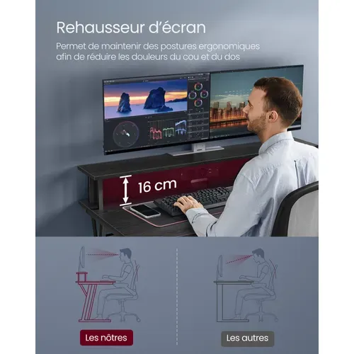 Bureau Gaming Avec LED Et Multiprise, Pour 2 Ordinateurs, Pour Chambre, 60 X 120 X 76 Cm, Noir Boisé