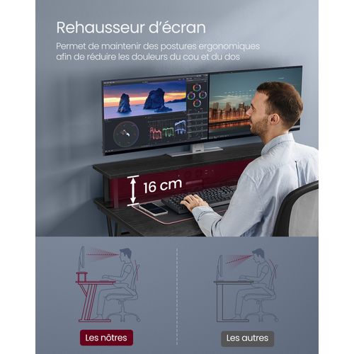 Bureau Gaming Avec LED Et Multiprise, Bureau Informatique Avec Rehausseur D’écran, Noir Boisé