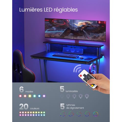 Bureau Gaming Avec LED Et Multiprise, Bureau Informatique Avec Rehausseur D’écran, Noir Boisé
