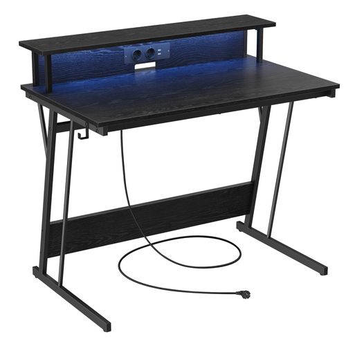 Bureau Gaming Avec LED Et Multiprise, Bureau Informatique Avec Rehausseur D’écran, Noir Boisé