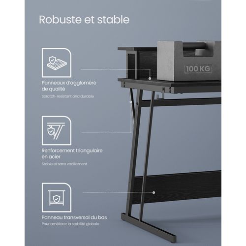 Bureau Gaming Avec LED Et Multiprise, Bureau Informatique Avec Rehausseur D’écran, Noir Boisé