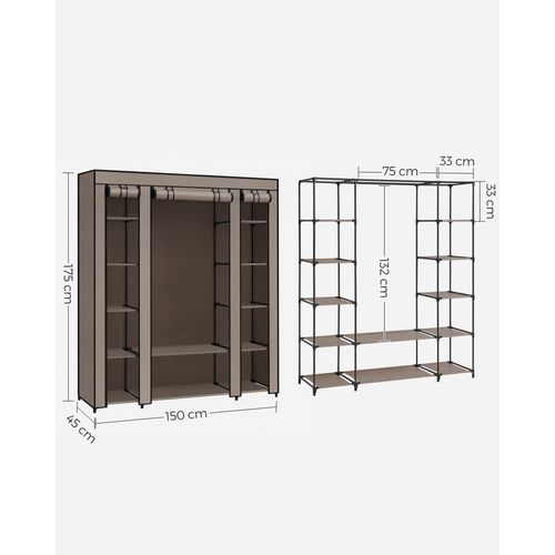 Armoire De Rangement En Tissu, 45 X 150 X 175 Cm, 12 Compartiments, Cadre En Métal, Taupe