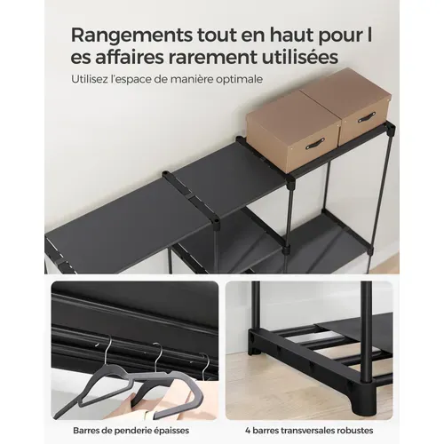 Armoire, Étagères En Tissu, Cadre En Métal, 43 X 182 X 182 Cm, Noir