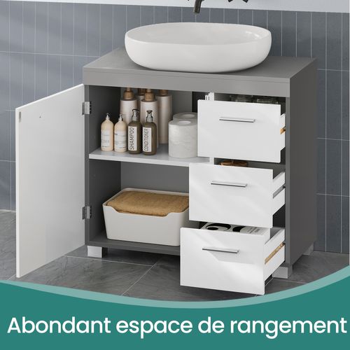 Meuble Sous Lavabo, 3 Grands Tiroirs, Placard Sous Vasque, 30 X 70 X 64 Cm, Blanc Et Gris Ciment