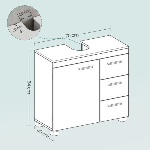 Meuble Sous Lavabo, 3 Grands Tiroirs, Placard Sous Vasque, 30 X 70 X 64 Cm, Blanc Et Gris Ciment