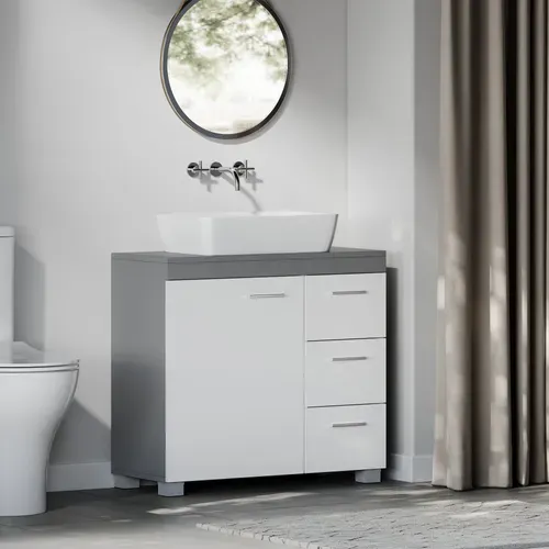 Meuble Sous Lavabo, 3 Grands Tiroirs, Placard Sous Vasque, 30 X 70 X 64 Cm, Blanc Et Gris Ciment