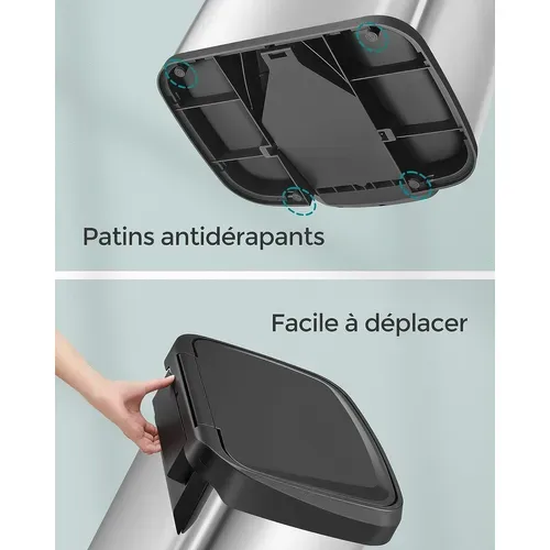 Poubelle De Cuisine, 50l, Poubelle à Pédale En Métal Avec Couvercle, Argent Et Noir