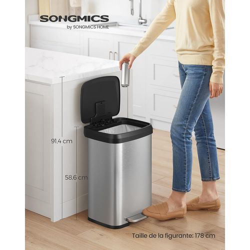 Poubelle De Cuisine, 50l, Poubelle à Pédale En Métal Avec Couvercle, Argent Et Noir