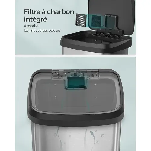 Poubelle De Cuisine, 50l, Poubelle à Pédale En Métal Avec Couvercle, Argent Et Noir