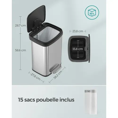 Poubelle De Cuisine, 50l, Poubelle à Pédale En Métal Avec Couvercle, Argent Et Noir